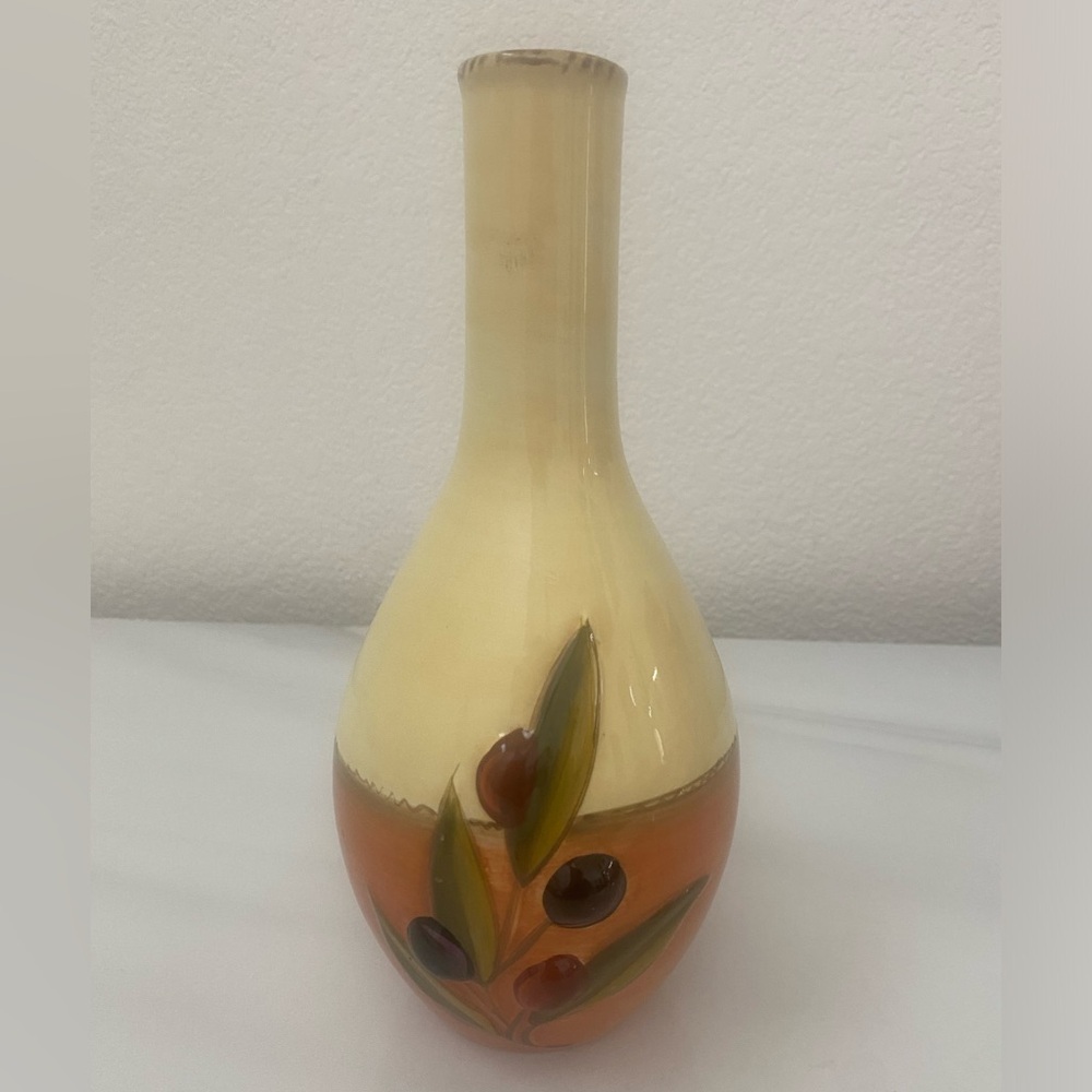 Vintage Coldwater Creek Olive Hand Painted Clay Art Oil Cruet or Flower Vase